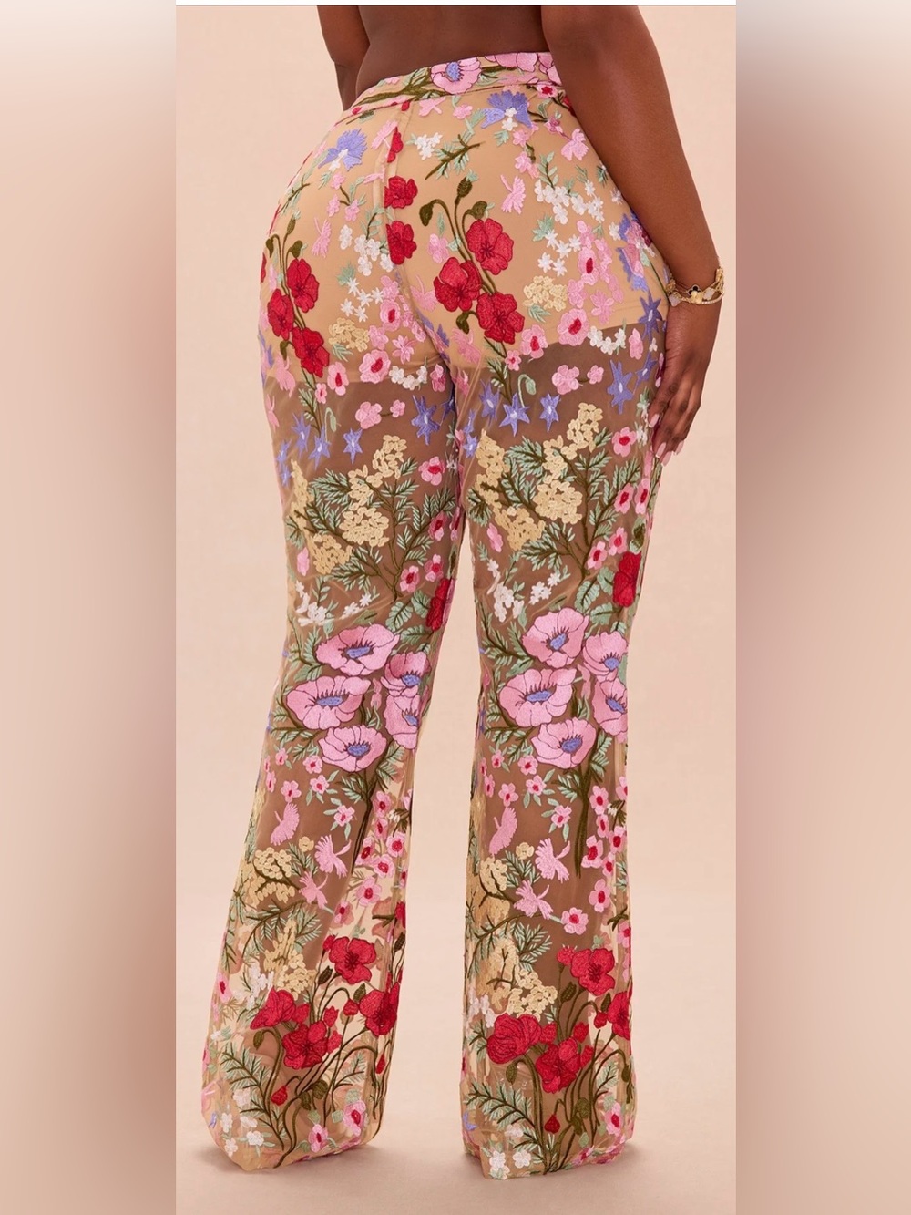 Fashion Nova Nude Sheer Embroidered Floral Suit Pants - Picture 7 of 9